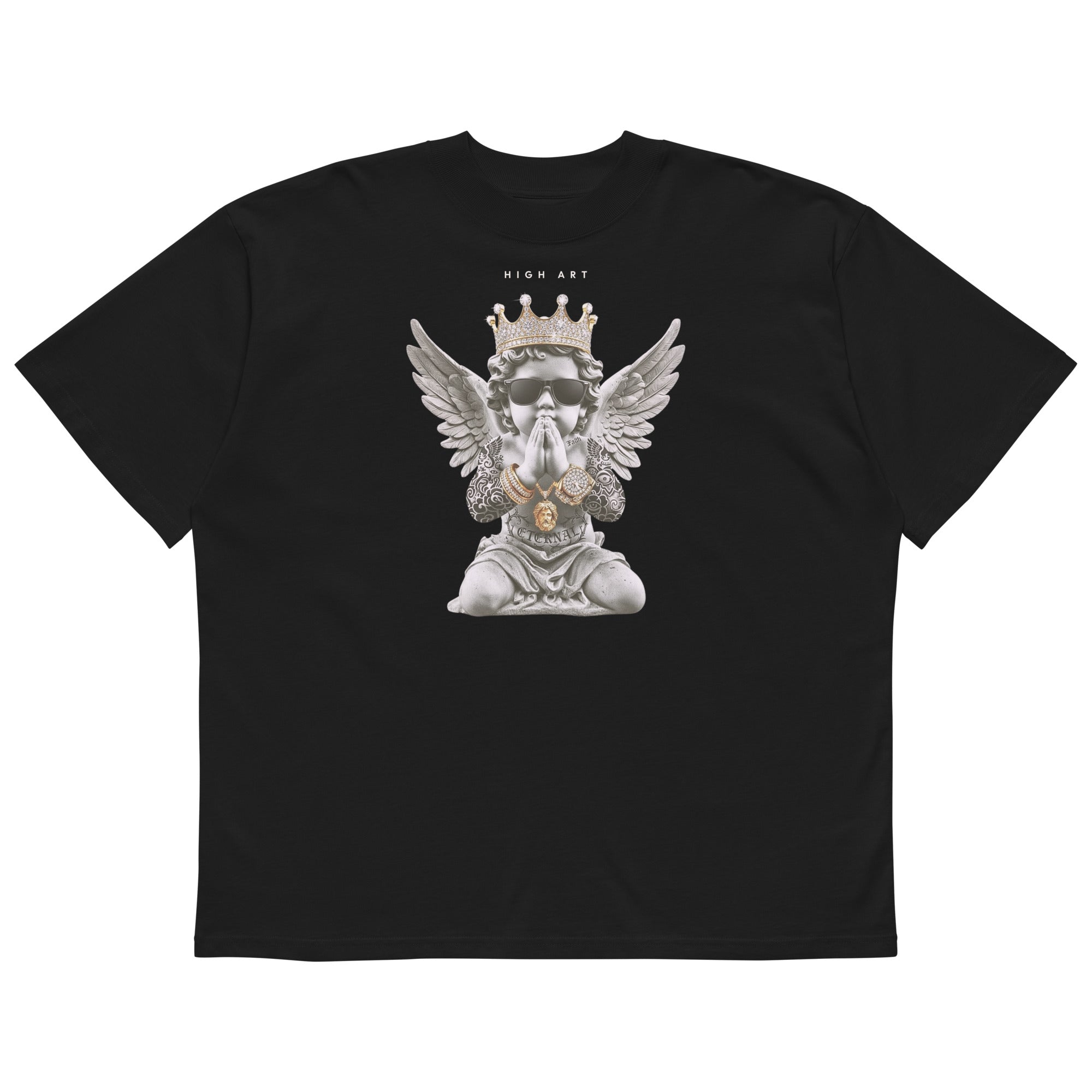 High Art Threads Study 03 Obsidian – Blaster 2.0 Silhouette with High-Density Sacred Vandal Archival Print. Front Flat Lay